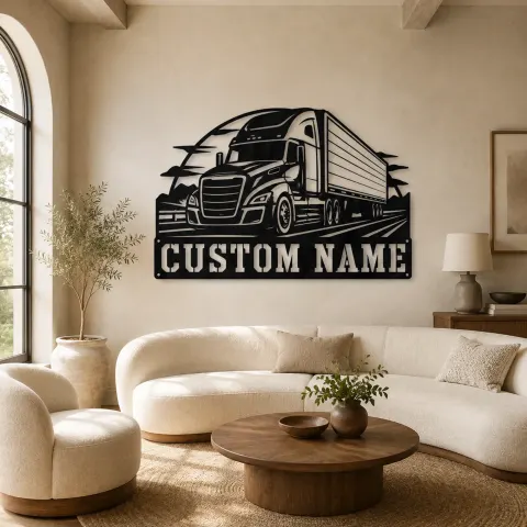 Décoration murale en métal personnalisée de camion semi moderne et remorque