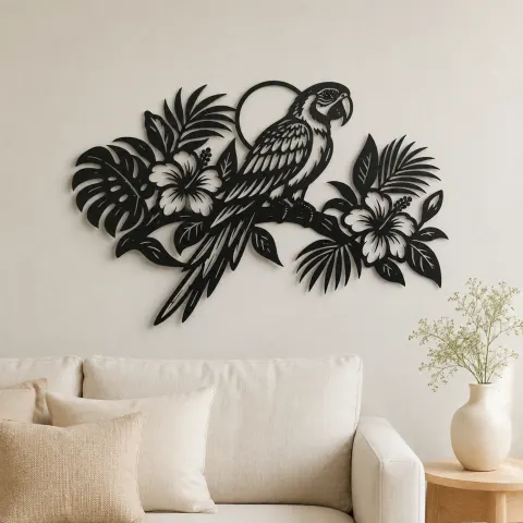 Parrot Tropical Branch Metal Wall Art | Wildlife Silhouette Decor