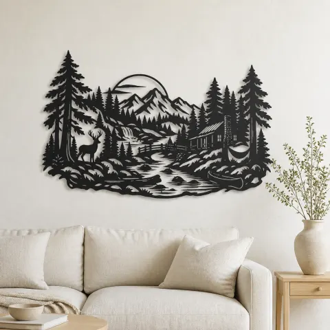 River through the Forest Metal Wall Art | Nature Silhouette Decor