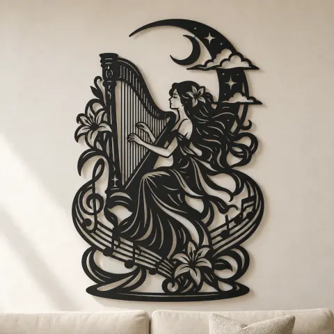Harp Moon Curve Metal Wall Art | Music Room Wall Decor