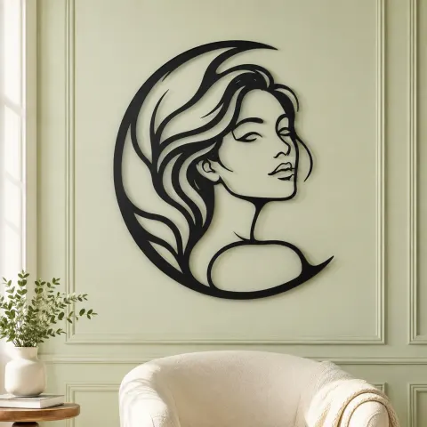 Vue alternative de Moon Curve Face Metal Wall Art | Minimalist Woman Line Art