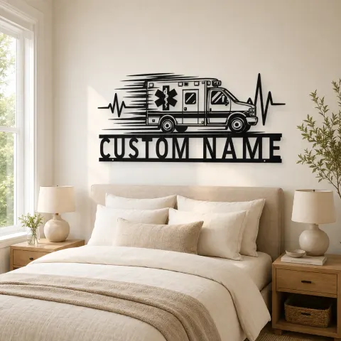 Vue alternative de Décoration murale en métal personnalisée d'ambulance vue de côté avec battement cardiaque