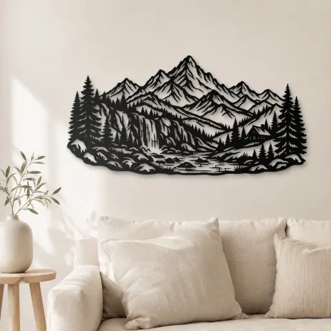 Waterfall Mountain Valley Metal Wall Art | Nature Silhouette Decor