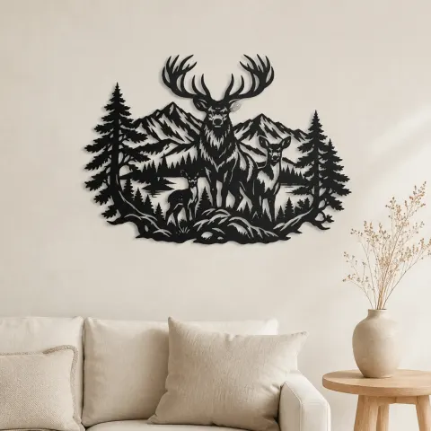 Stag Mountain Crest Metal Wall Art | Nature Silhouette Decor
