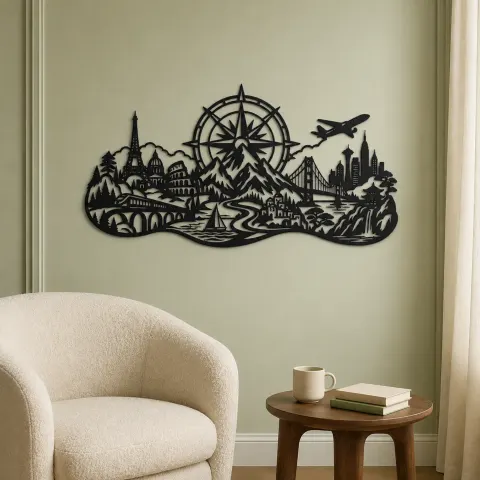 Vue alternative de Compass Mountain Flow Metal Wall Art | Nature Silhouette Decor