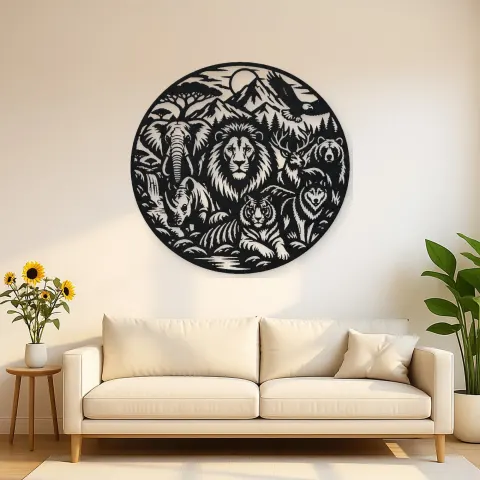Wildlife World Circle Metal Wall Art | Wildlife Silhouette Decor