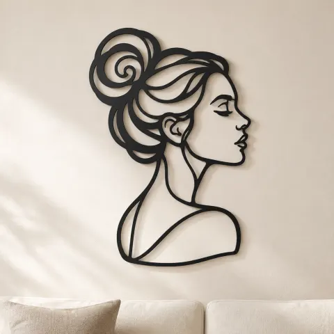 Hair Bun Profile Metal Wall Art | Minimalist Woman Line Art