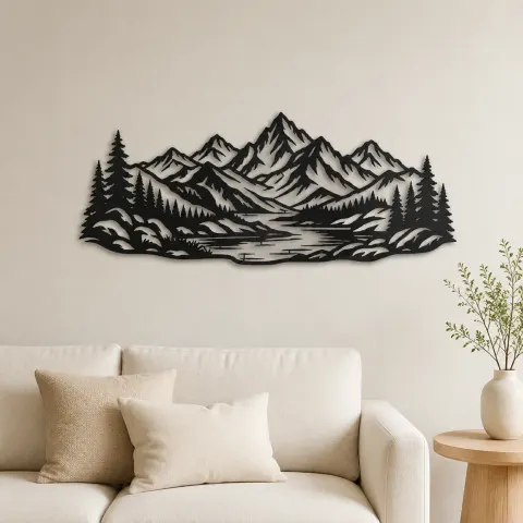 Mountain and River Metal Wall Art | Nature Silhouette Decor