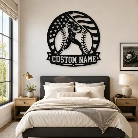Personalisierte weibliche Softballspielerin Rundflagge Metall-Wandkunst alternative Ansicht