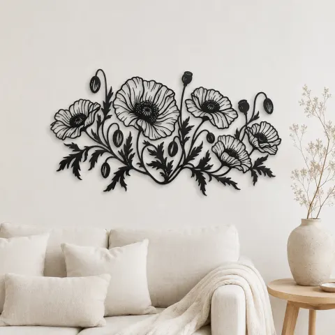 Poppy Field Line Metal Wall Art | Botanical Metal Wall Decor