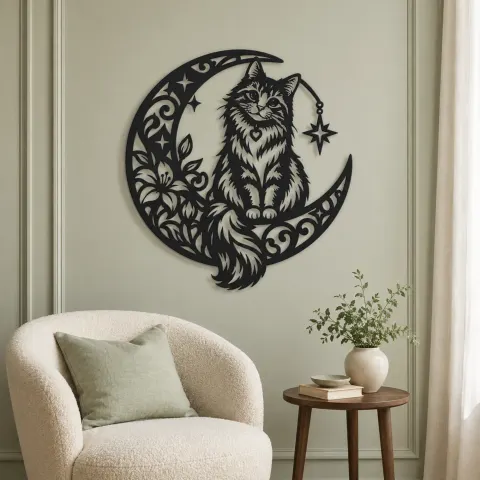 Vue alternative de Cat on Moon Arc Metal Wall Art | Pet Lover Silhouette Decor