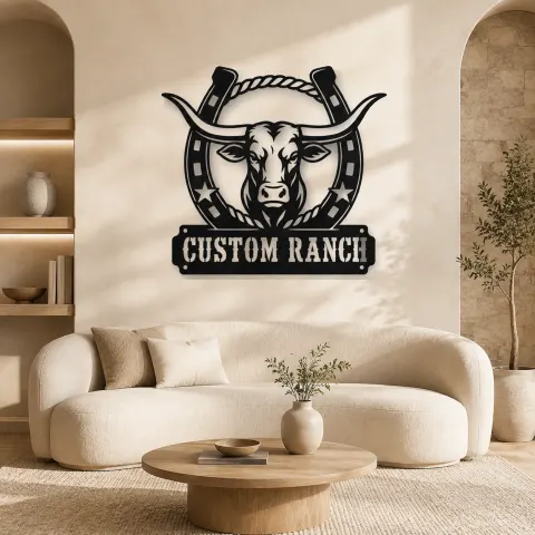 Décoration murale en métal personnalisée Ranch Longhorn avec Cadre en Fer à Cheval