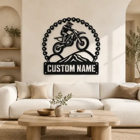 Décoration murale en métal personnalisée de pilote de motocross avec saut de montagne