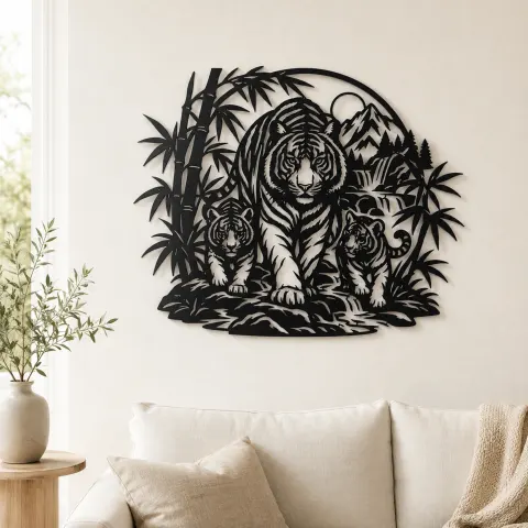 Tiger Bamboo Flow Metal Wall Art | Wildlife Silhouette Decor