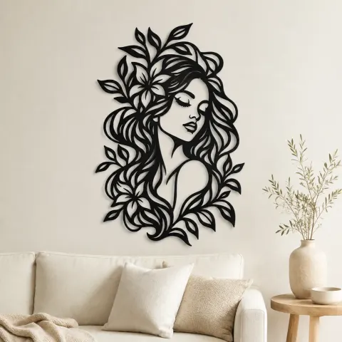 Botanical Hair Face Metal Wall Art | Minimalist Woman Line Art