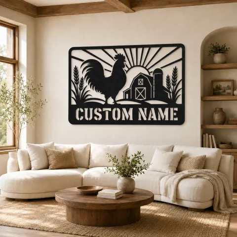 Décoration murale en métal personnalisée coq de ferme avec scène de grange