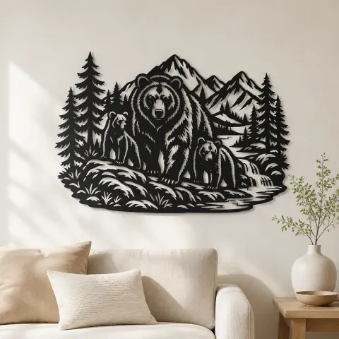 Bear Mountain Scene Metal Wall Art | Wildlife Silhouette Decor