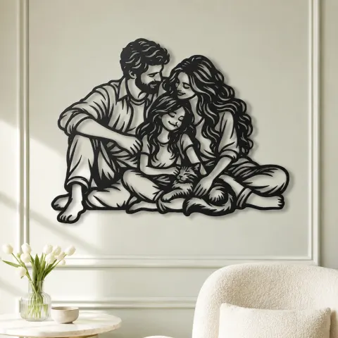 Vue alternative de Family with Cat Metal Wall Art | Pet Lover Silhouette Decor
