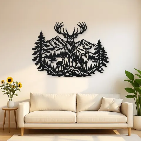 Stag Mountain Crest Metal Wall Art | Nature Silhouette Decor