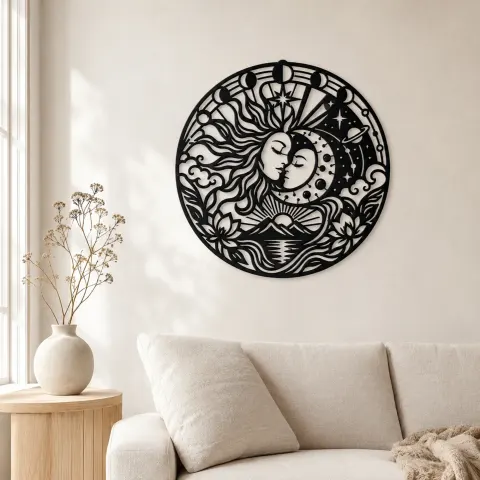 Sun and Moon Embrace Metal Wall Art | Celestial Boho Wall Decor