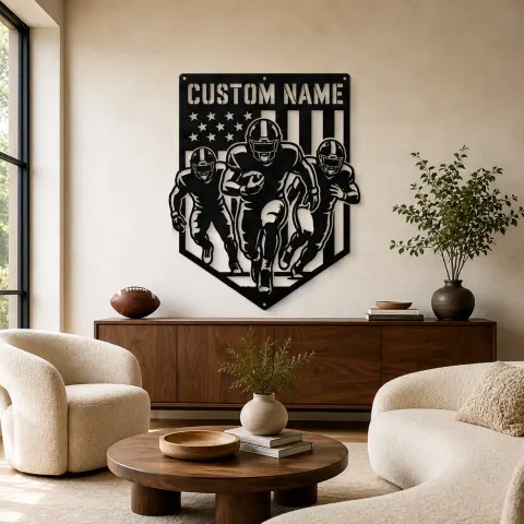 Décoration murale en métal personnalisée avec trois joueurs de football et le drapeau américain