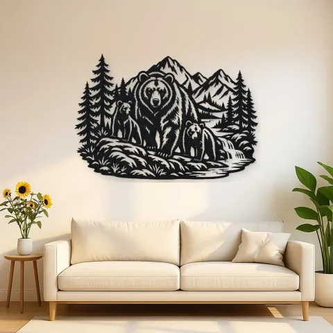 Bear Mountain Scene Metal Wall Art | Wildlife Silhouette Decor