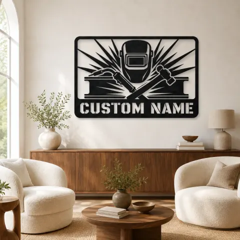 Décoration murale en métal personnalisée de soudeur avec torche et marteau