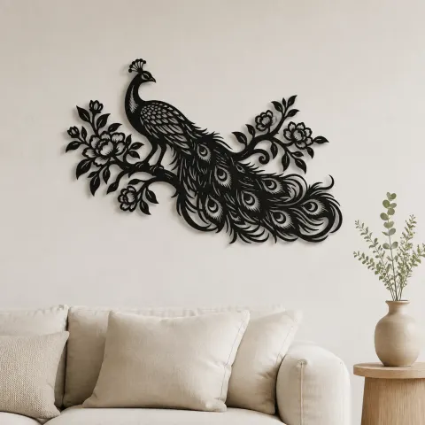 Peacock Feather Flow Metal Wall Art | Wildlife Silhouette Decor