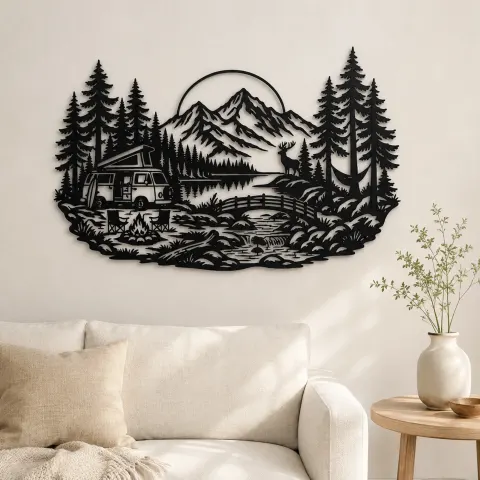Camper Van Forest Metal Wall Art | Travel and City Wall Decor