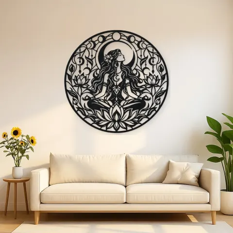 Lotus Moon Woman Metal Wall Art | Minimalist Woman Line Art