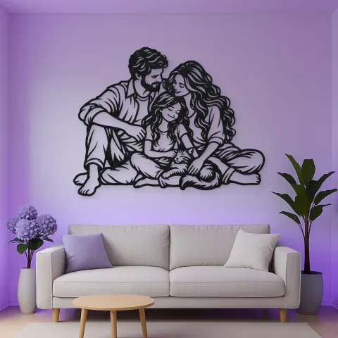 Vista alternativa de Family with Cat Metal Wall Art | Pet Lover Silhouette Decor