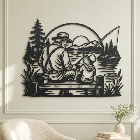 Vue alternative de Grandfather Grandson Fishing Metal Wall Art | Family Silhouette Decor
