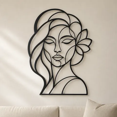 Geometric Face Muse Metal Wall Art | Minimalist Woman Line Art