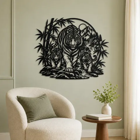Vue alternative de Tiger Bamboo Flow Metal Wall Art | Wildlife Silhouette Decor