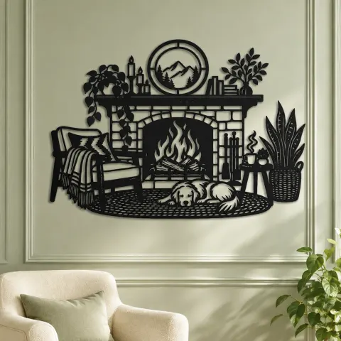 Vue alternative de Modern Fireplace Scene Metal Wall Art | Cozy Home Metal Decor