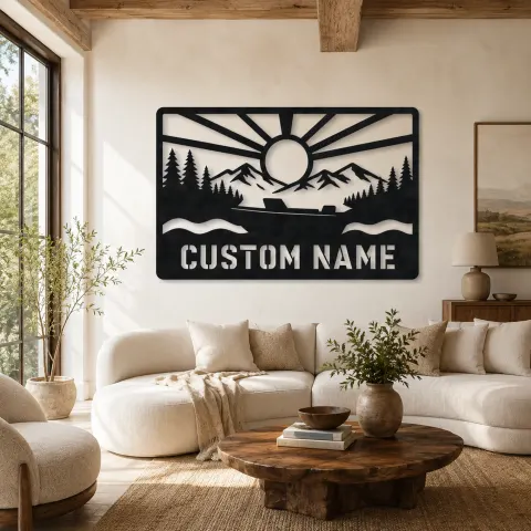 Décoration murale en métal personnalisée de bateau à moteur avec lac de montagne