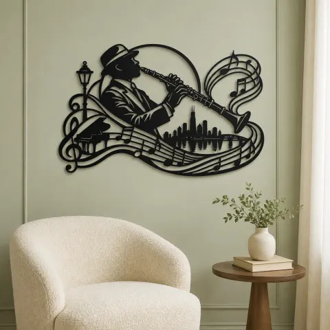 Vue alternative de Clarinet Jazz Arc Metal Wall Art | Music Room Wall Decor