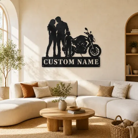 Décoration murale en métal personnalisée pour famille avec enfant portant un casque
