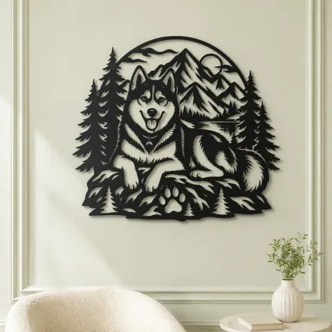 Vue alternative de Husky Mountain Metal Wall Art | Pet Lover Silhouette Decor