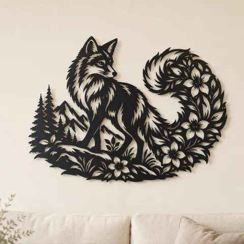 Fox Floral Tail Metal Wall Art | Wildlife Silhouette Decor