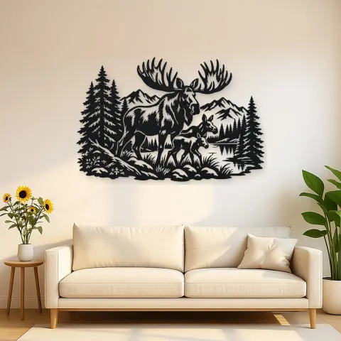 Moose Pine Forest Metal Wall Art | Wildlife Silhouette Decor