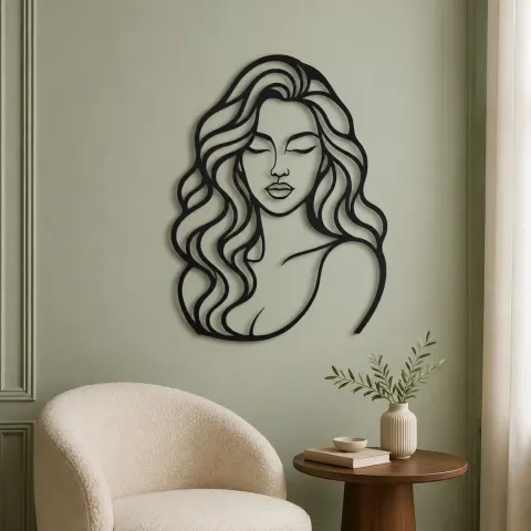 Vue alternative de Wavy Hair Beauty Metal Wall Art | Minimalist Woman Line Art