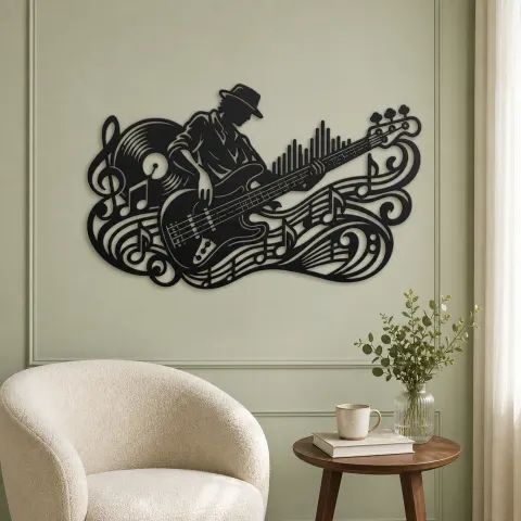 Vue alternative de Bass Guitar Rhythm Metal Wall Art | Music Room Wall Decor
