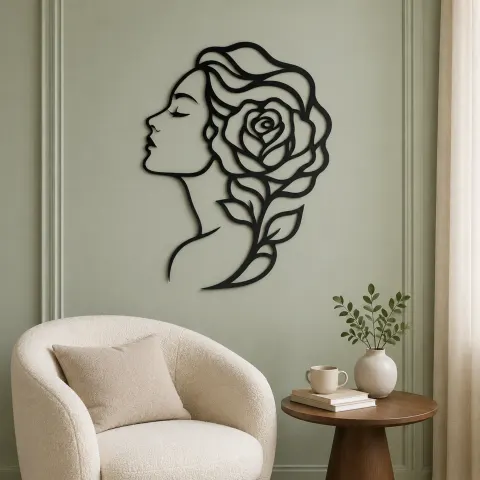 Vue alternative de Rose Profile Muse Metal Wall Art | Minimalist Woman Line Art