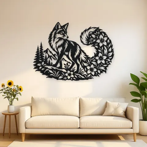 Fox Floral Tail Metal Wall Art | Wildlife Silhouette Decor