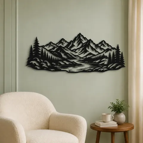 Vue alternative de Mountain and River Metal Wall Art | Nature Silhouette Decor