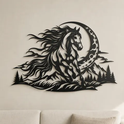 Horse and Moon Arc Metal Wall Art | Equestrian Wall Decor