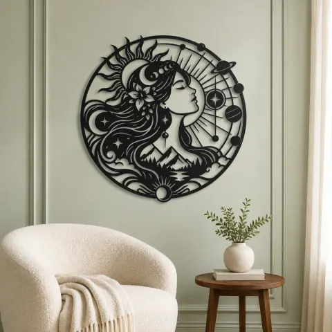 Vue alternative de Celestial Woman Profile Metal Wall Art | Minimalist Woman Line Art