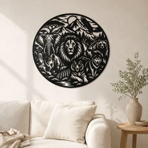 Wildlife World Circle Metal Wall Art | Wildlife Silhouette Decor