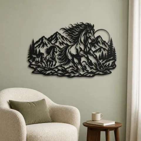 Vue alternative de Wild Mustang Mountains Metal Wall Art | Equestrian Wall Decor